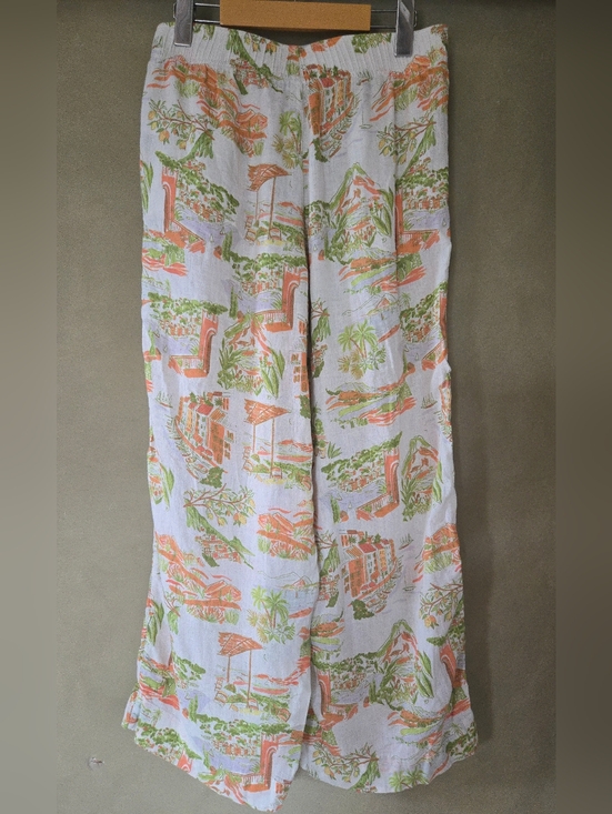 Cynthia Rowley White Wide-Leg Linen Pants with Pink & Green Print - Picture 3 of 11